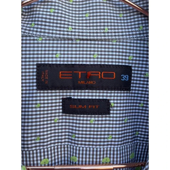ETRO Milano Mens Long Sleeve Button Down Embroidered Slim Fit Plaid Shirts Sz 39 - Picture 8 of 8